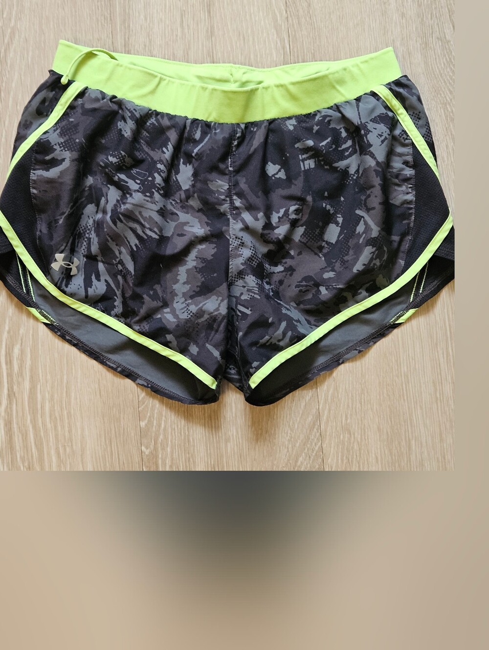 Under Armour Women's Black Camo Athletic Shorts with Neon Yellow Waistband
